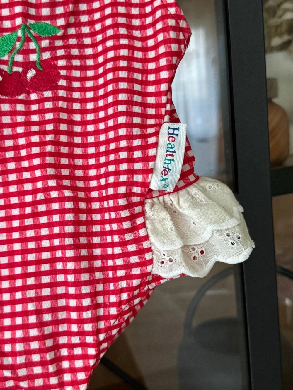 Vintage cherry gingham one piece swimsuit baby girl ruffle eyelet embroidered